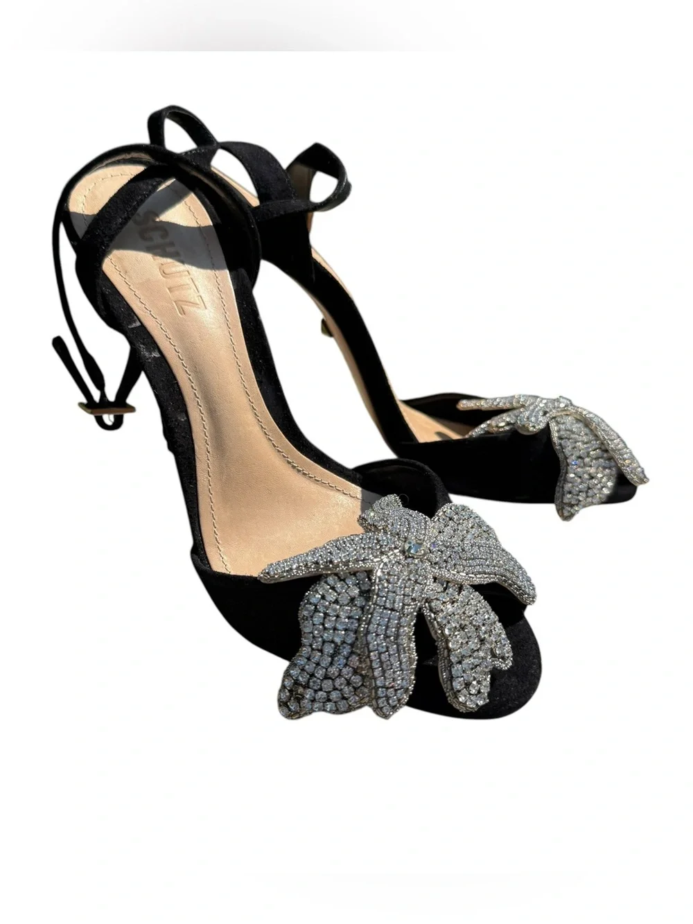 Schutz Ayanne Black Crystal Floral Rhinestone Ankle Strap Heels Sandals 7.5 Luxe